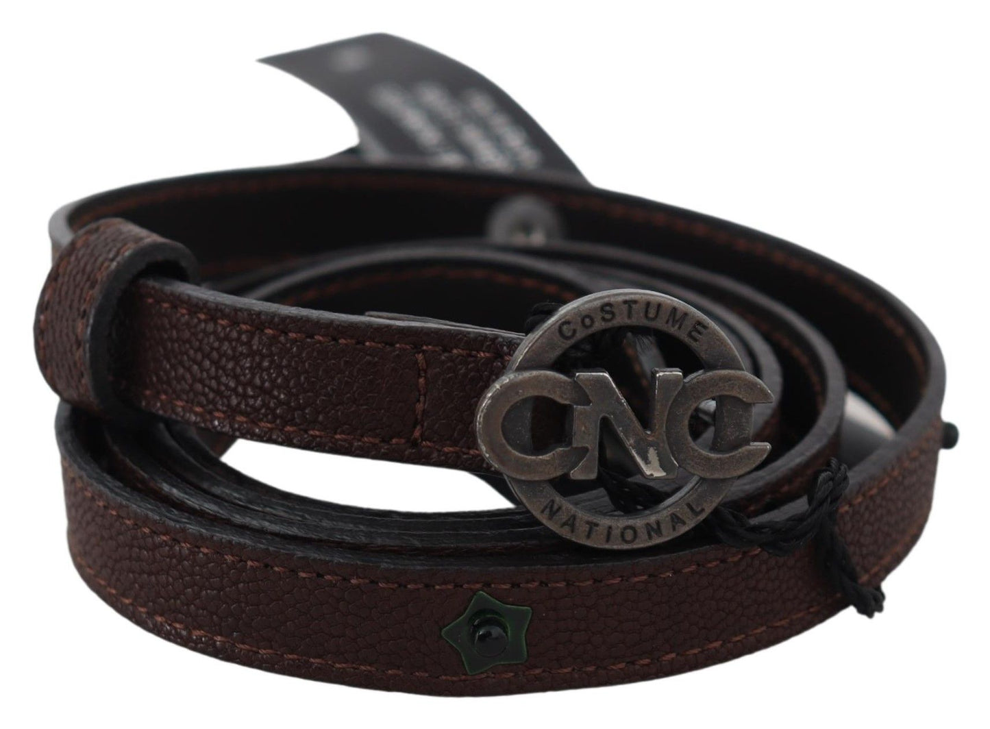 Costume National Brown Skinny Leather Round Logo Buckle Belt