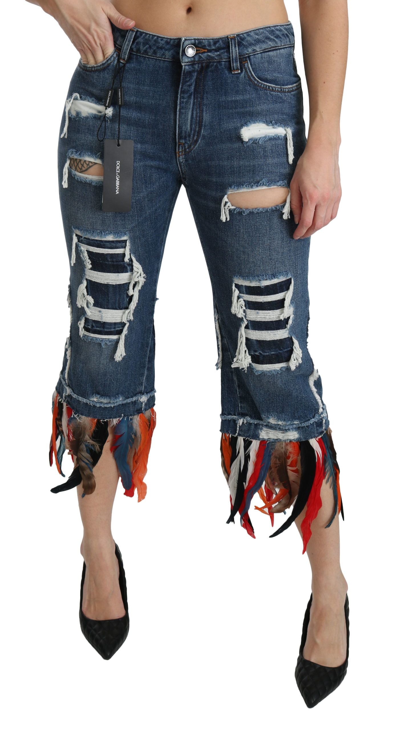 Dolce & Gabbana Blue Feathers Low Waist Cropped Cotton Jeans