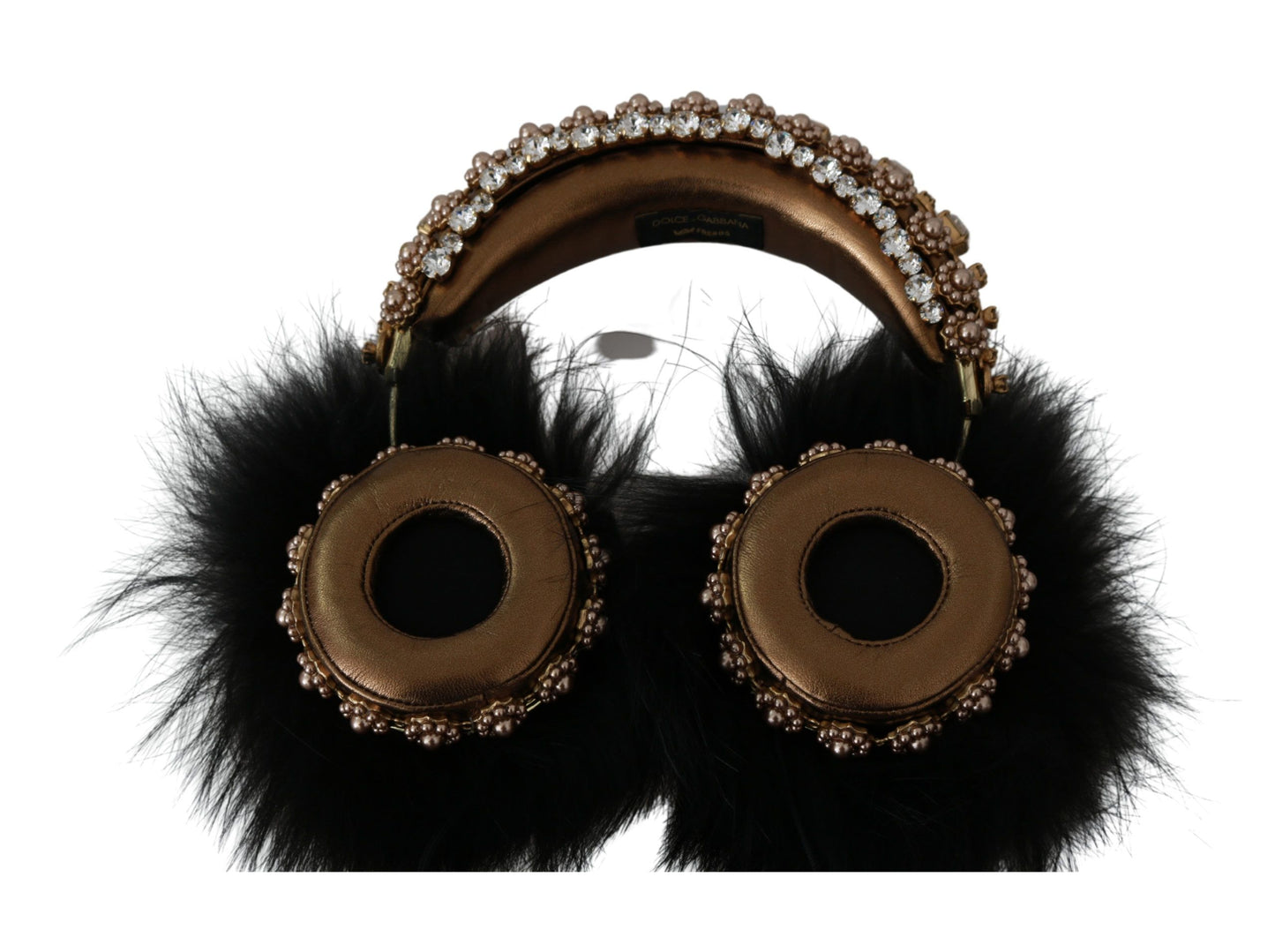 Dolce & Gabbana Gold Black Crystal Fur Headset Audio Headphones