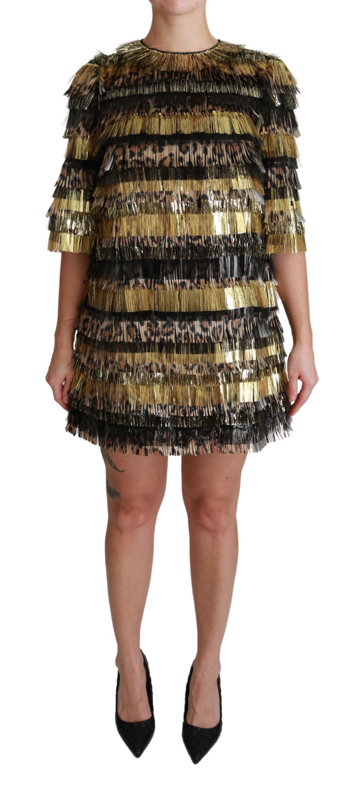 Dolce & Gabbana Polyester Black Gold Leopard Shift Mini Dress