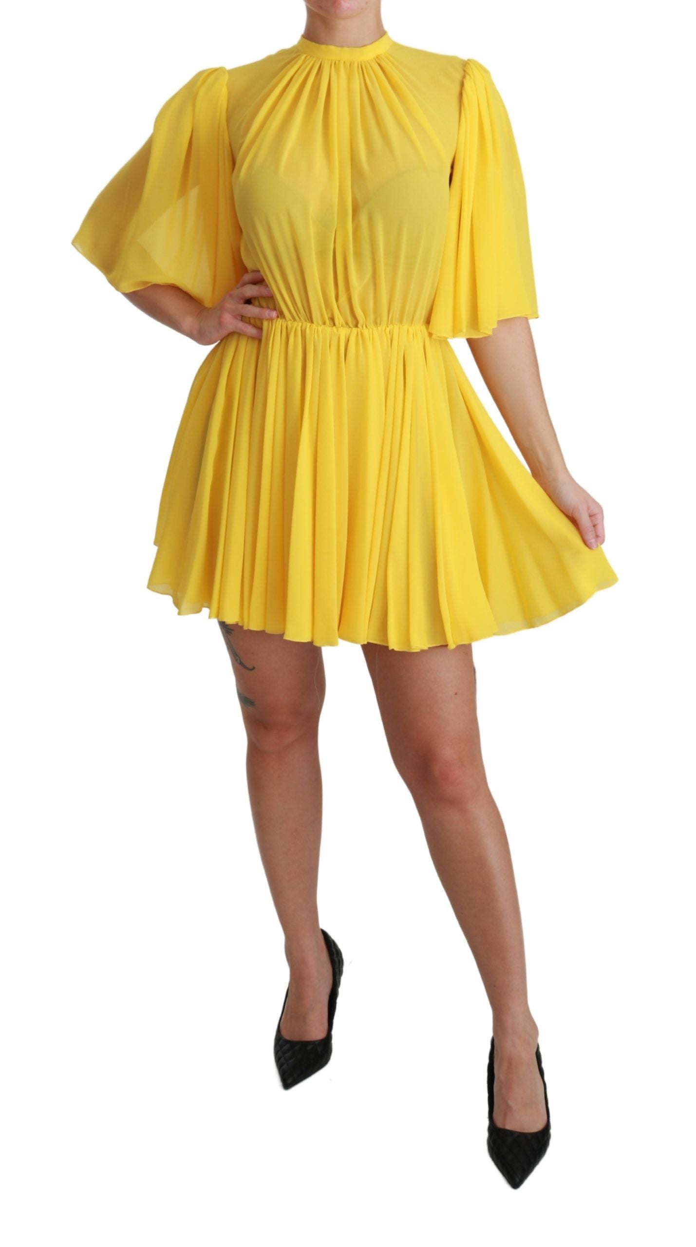 Dolce & Gabbana Yellow Pleated A-line Mini 100% Silk Dress