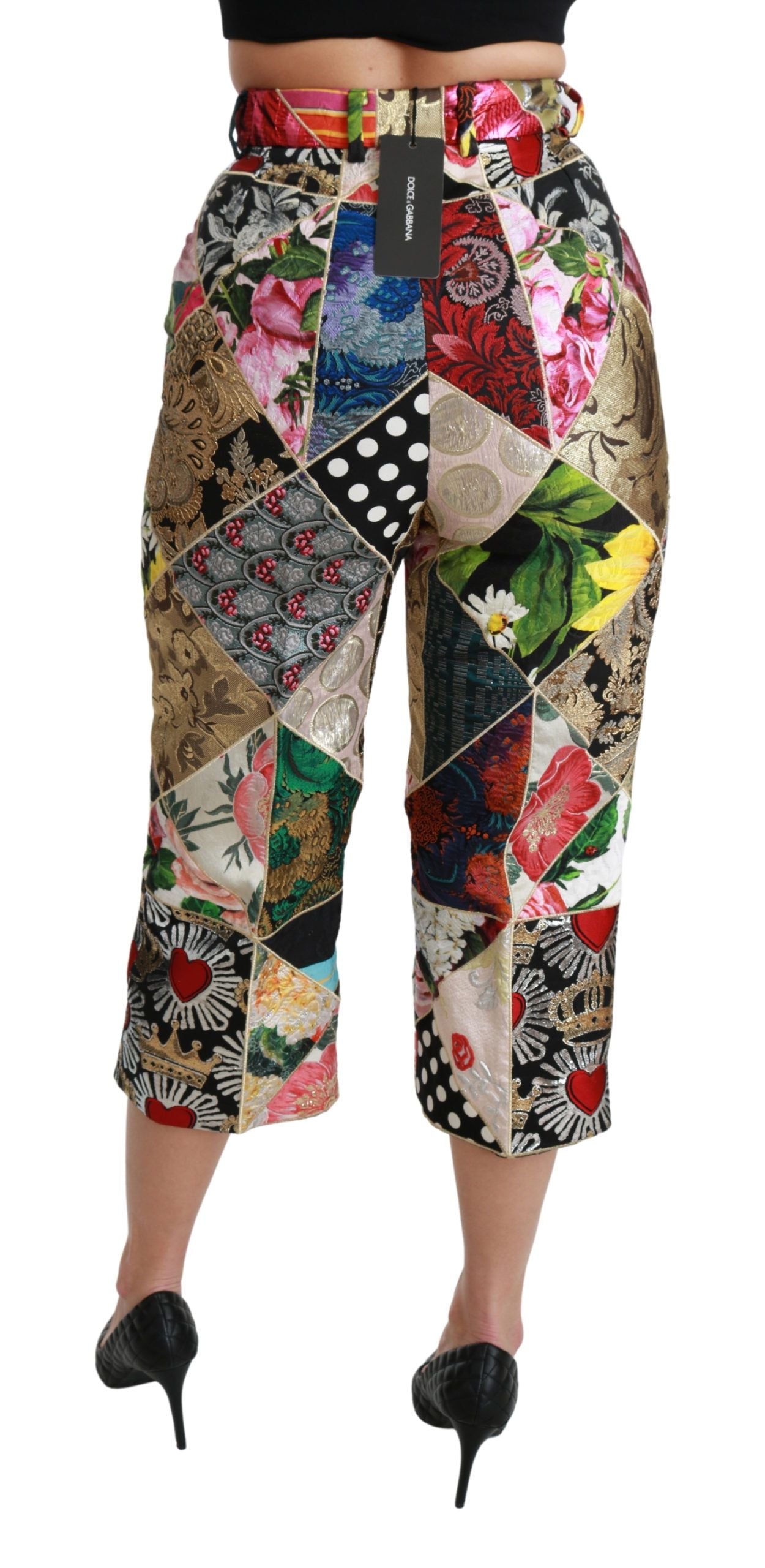 Dolce & Gabbana Silk Multicolor Print High Waist Cropped Pants