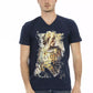 Trussardi Action Chic Blue V-Neck Tee with Elegant Front Print