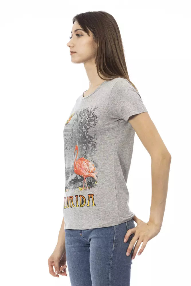 Trussardi Action Chic Gray Round Neck Tee with Front Print