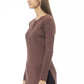 Alpha Studio Chic Brown Side-Slit Sweater with Button Details