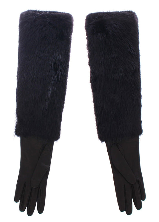 Dolce & Gabbana Black Beaver Fur Lambskin Leather Elbow Gloves
