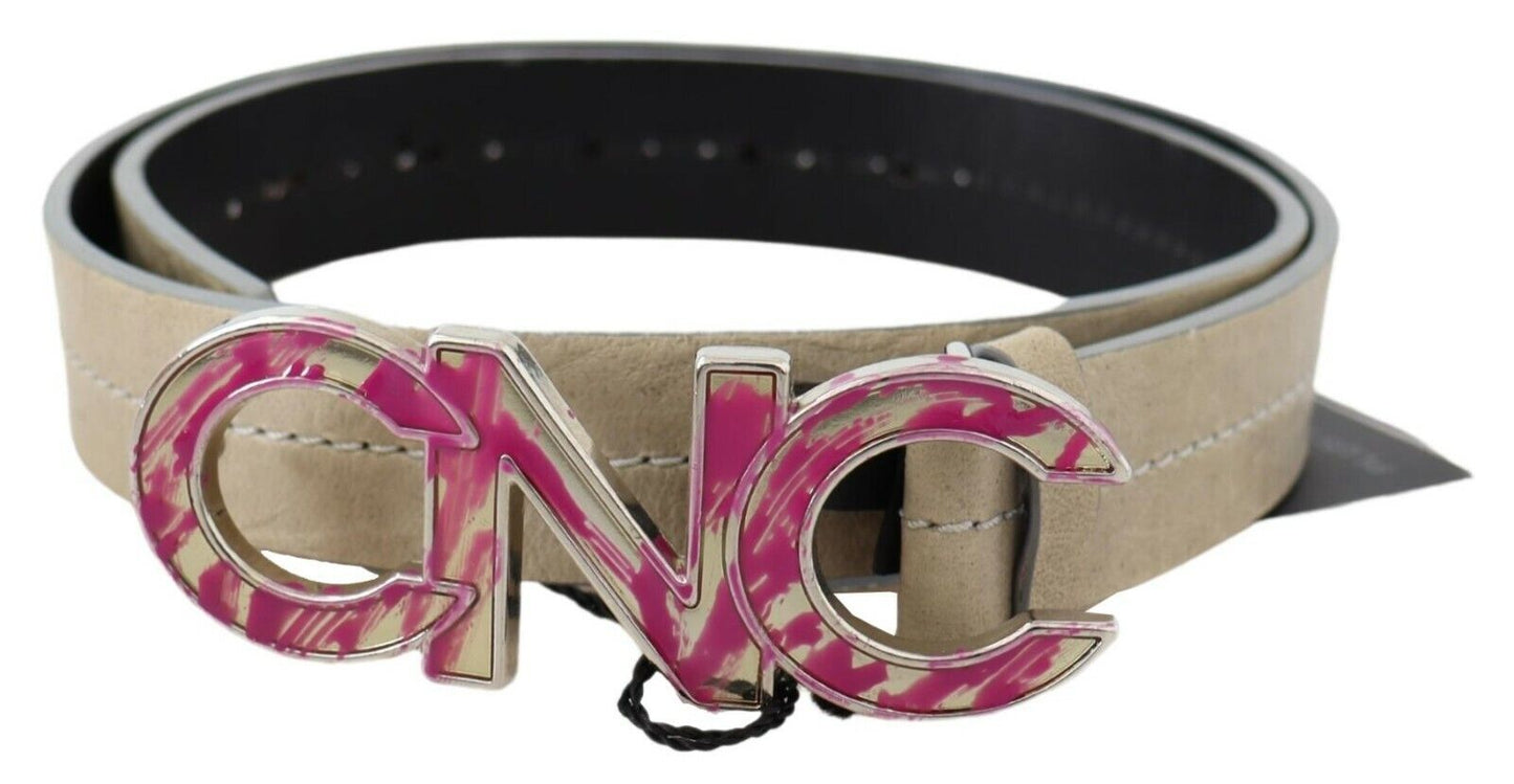 Costume National Beige Leather Pink Letter Logo Buckle Belt