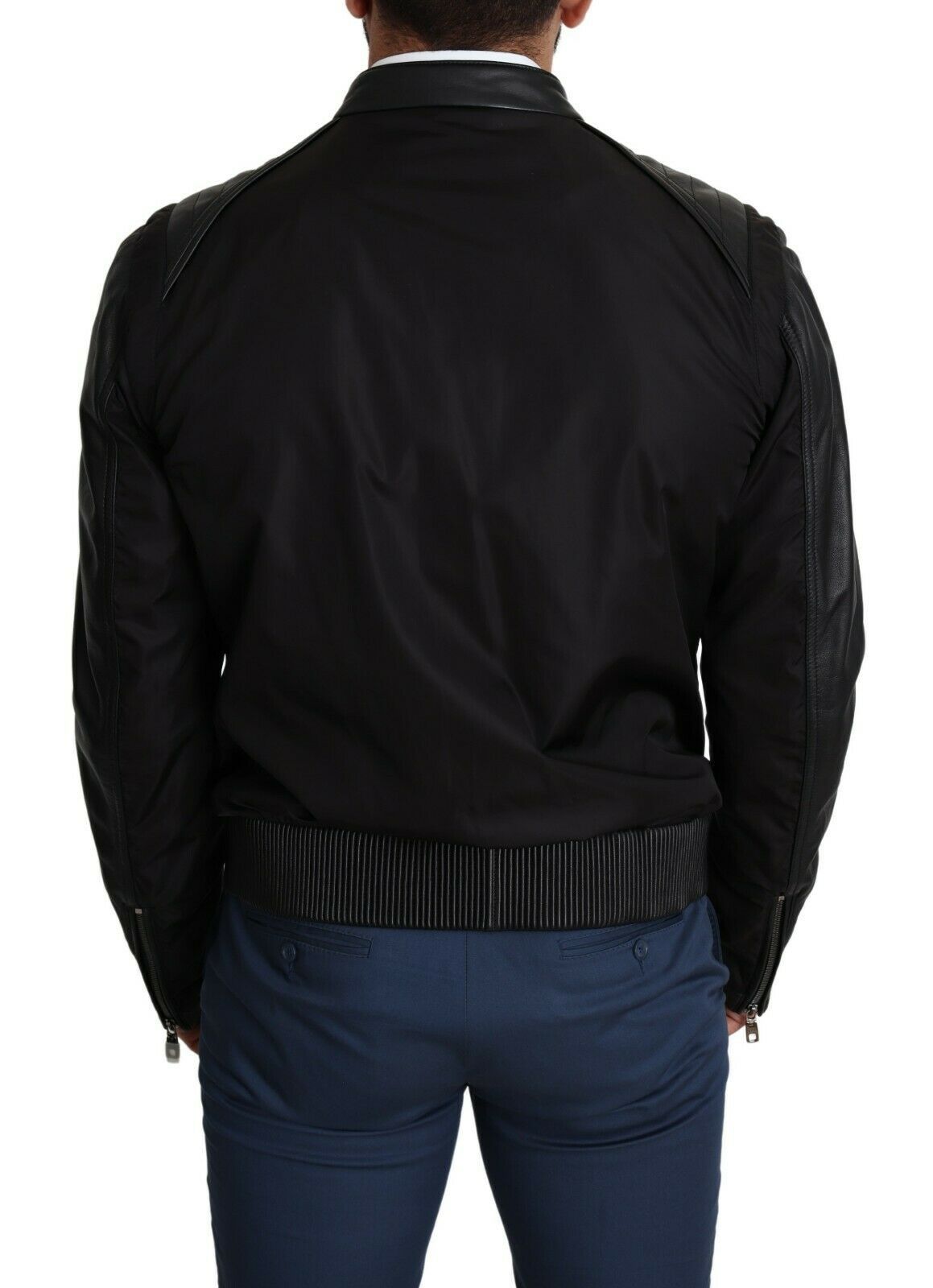 Dolce & Gabbana Elegant Black Bomber with Leather Accents