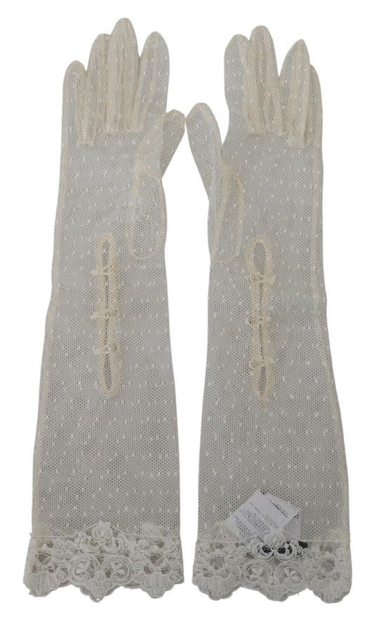 Dolce & Gabbana White Lace Elbow Length Mitten Cotton Gloves